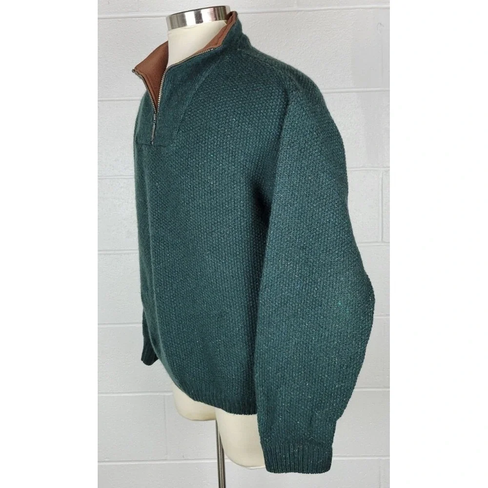 Orvis Mens Green Flecked Wool 1/4 Zip Sweater‎ w. Pockets L